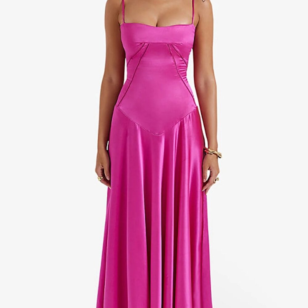 House of CB Anabella Fuchsia Lace-Up Satin Gown - NEVER WORN